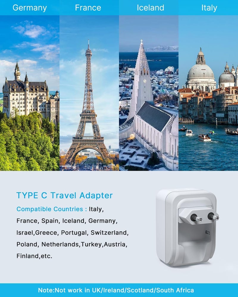 VINTAR محول سفر أوروبي 2 حزمة، محول طاقة دولي قابل للطي مع 2 مخرج AC و 3 منافذ شحن USB (2 USB C) ، محول طاقة نوع C لمعظم دول أوروبا إيطاليا إسبانيا فرنسا آيسلندا ألمانيا - Image 3